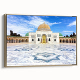 Framed canvas of a Tunisian landscape in vintage poster style, featuring muted earth tones, ideal for bedroom wall art.