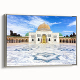 Framed canvas featuring a vintage-style landscape painting of Tunisia with vibrant, colorful art and black borders.