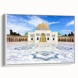 Vintage poster art of a Tunisian landscape on framed canvas, featuring vibrant colors, ideal for living room decor.