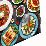 Large abstract wall art featuring a mid-century modernist style with vibrant hues on acrylic, ideal for dining room decor.