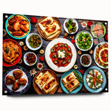 Large abstract wall art depicting Asian scenery in vibrant blues and greens on acrylic glass.