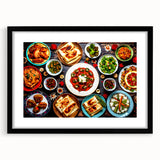 Extra large abstract art print with vibrant, colorful textures on a black framed canvas, ideal for living room decor.