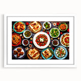 Abstract art print of a serene Azerbaijani landscape in muted earth tones on a framed white mat, ideal for dining room decor.