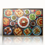 Framed acrylic print of a mid-century modernist Asian landscape in muted gold and green, ideal for modern art wall decor.