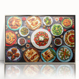 Mid-century modernist art depicting an abstract Azerbaijan landscape in cool silver and blue tones, framed acrylic.