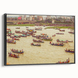 Black and white landscape art painting of a serene Bangladesh scenery on framed canvas, ideal for bedroom wall decor.