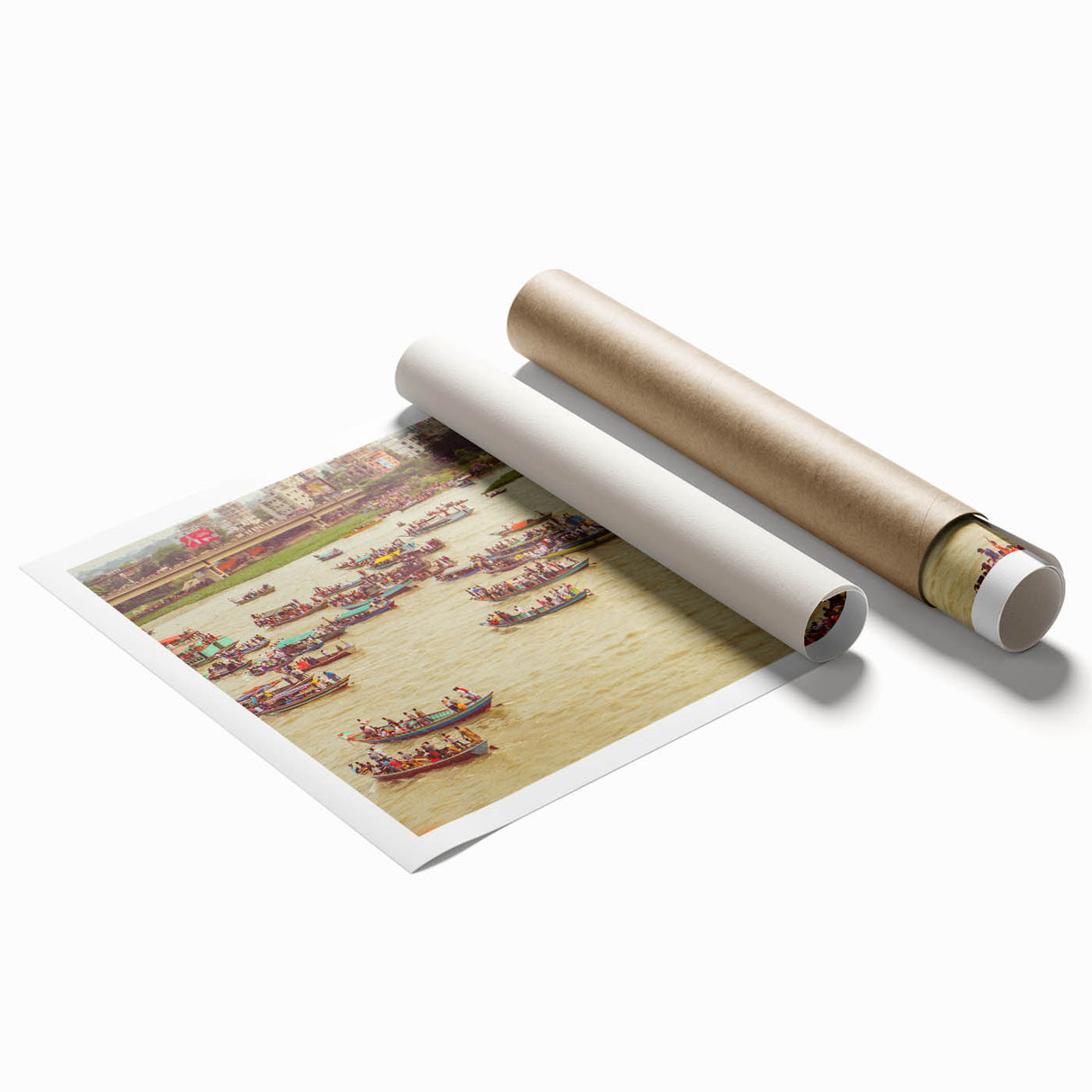 Extra large rolled canvas featuring a serene Bangladesh landscape with soft floral elements in muted green and blue tones.