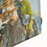 Large abstract wall art depicting a Bhutanese landscape in muted earth tones on acrylic glass.