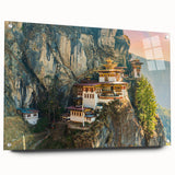 Acrylic print of a large abstract depiction of Bhutan scenery in muted earth tones, ideal for dining room decor.