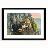 Extra large abstract art print depicting a colorful, textured scenery of Bhutan, framed in black.