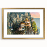 Extra large abstract art print of a Bhutanese landscape in textured gold frame, ideal for living room decor.