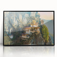 Large abstract wall art depicting a mid-century modernist Asian scenery in muted earth tones on a framed acrylic.
