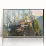 Mid-century modernist art of Bhutan scenery in silver-framed acrylic, featuring muted earth tones.