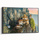Black and white landscape art painting of Bhutan scenery on a framed canvas, suitable for bedroom wall decor.