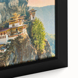 Extra large framed canvas of a black textured art piece depicting colorful Bhutanese scenery, ideal for living room decor.
