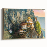 Framed canvas landscape painting of Bhutan with a vintage style in muted gold and black tones, ideal for bedroom wall art.