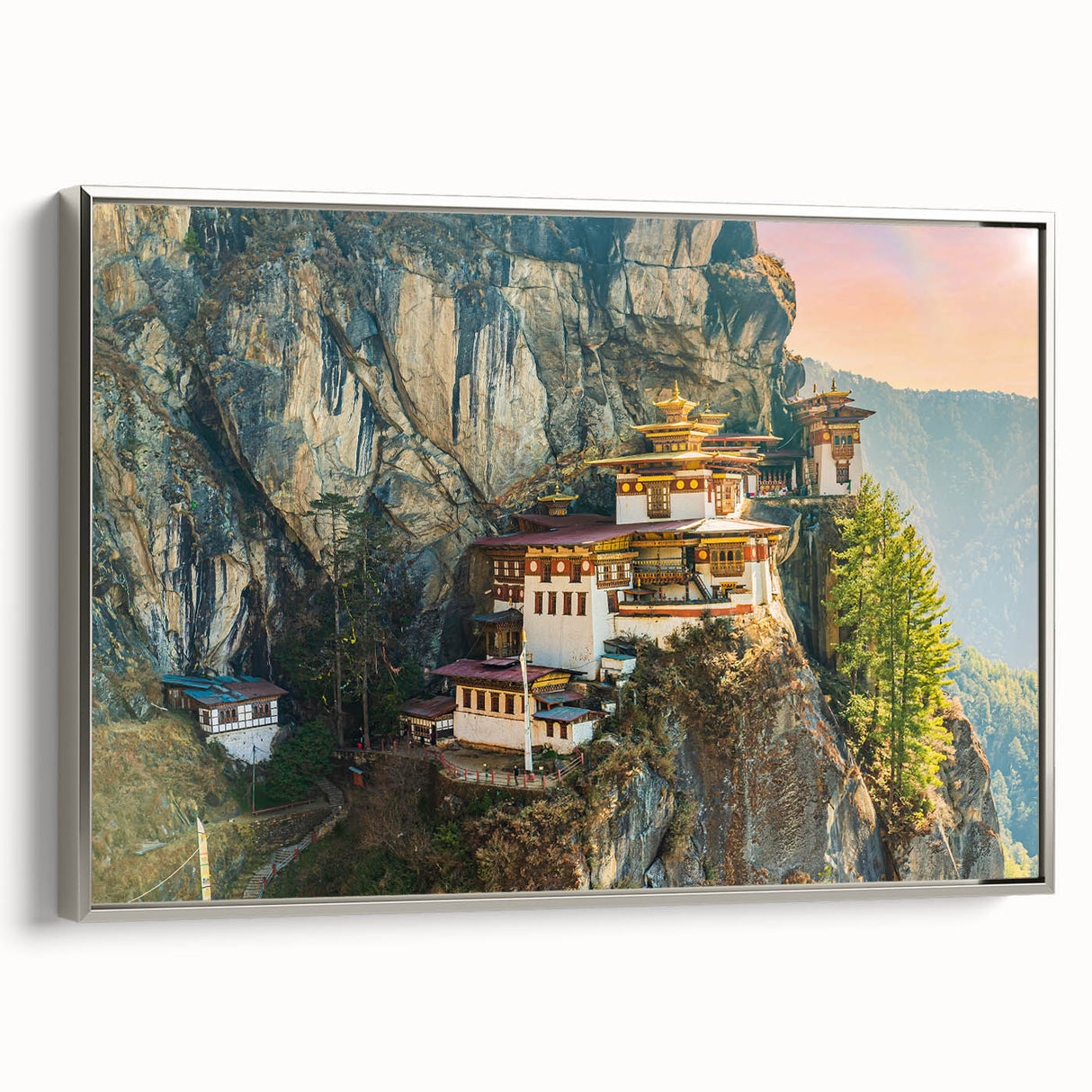 Landscape art painting of Bhutan scenery on framed canvas.