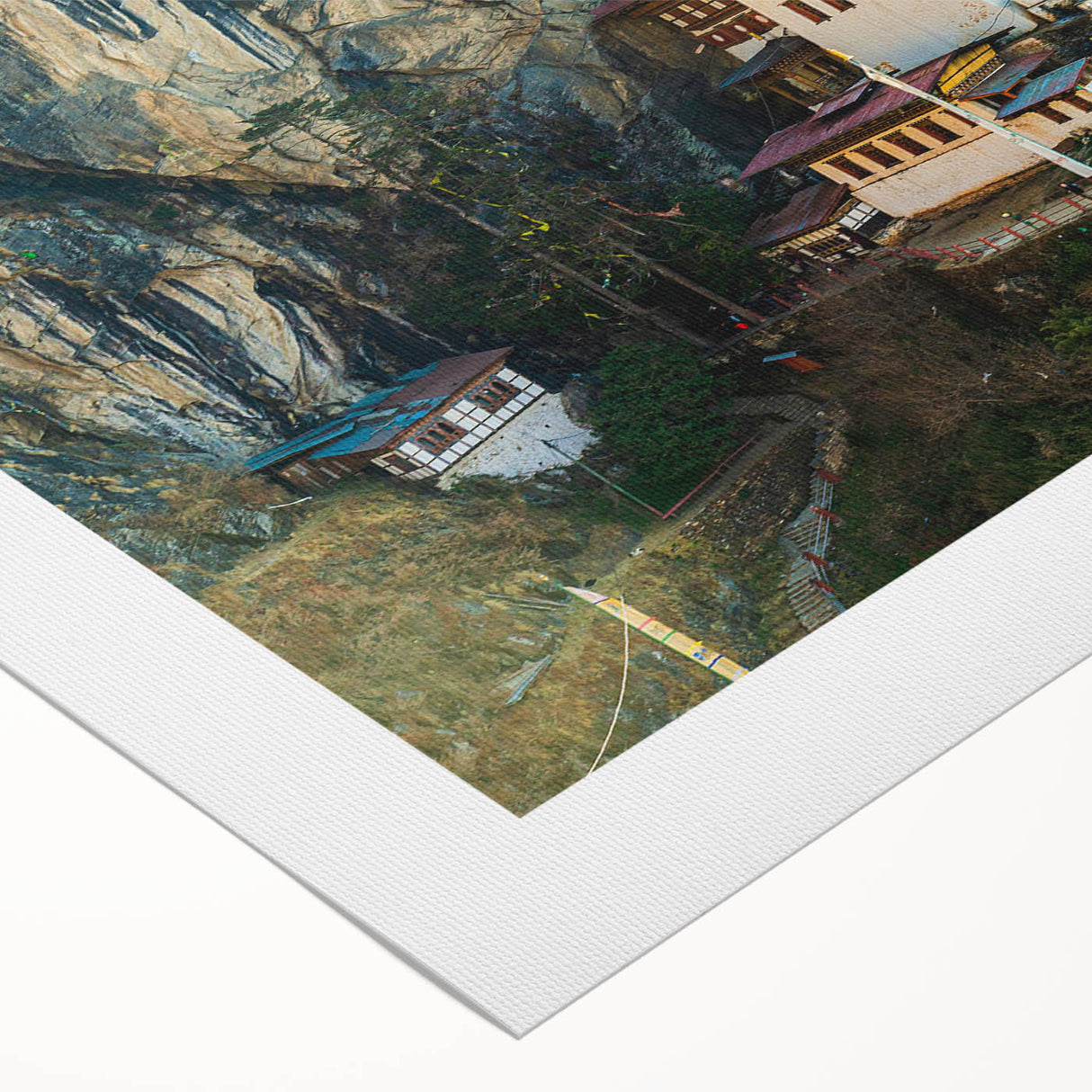 Art deco poster of a Bhutanese landscape in muted earth tones on rolled canvas, suitable for dining room decor.