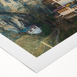 Art deco poster of a Bhutanese landscape in muted earth tones on rolled canvas, suitable for dining room decor.
