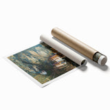Extra large rolled print of a Bhutanese landscape with vibrant floral elements, ideal for classy bathroom wall art.