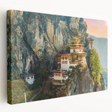 Large art depicting a serene Bhutanese landscape on stretched canvas, in soft earth tones, suited for kitchen wall art.