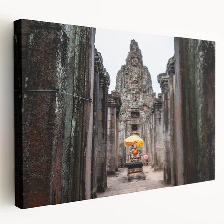 Side view of a stretched canvas depicting a serene Cambodian landscape in muted earth tones, ideal for kitchen wall art.