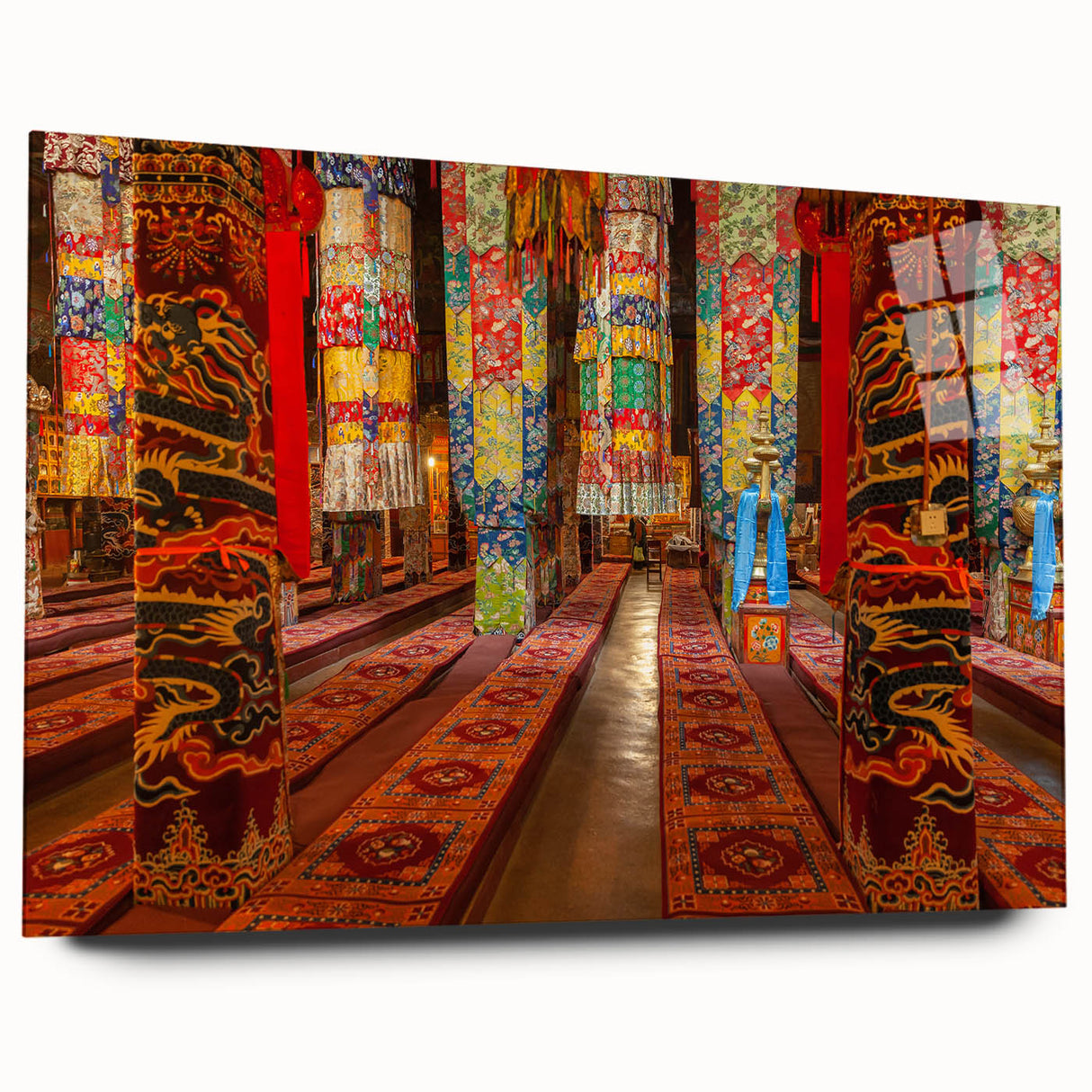 Large abstract wall art depicting a Tibetan landscape in muted earth tones on acrylic glass.