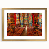 Extra large framed abstract art print of a Tibetan landscape in textured gold tones, ideal for living room decor.
