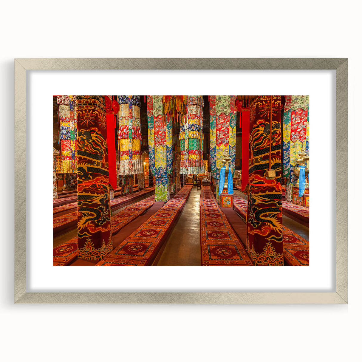 Textured art print depicting an abstract Tibetan landscape in muted earth tones, framed in silver, ideal for bedroom art.