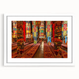 Abstract art print depicting a Tibetan landscape in muted earth tones on a framed canvas, suitable for dining room decor.