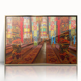 Framed acrylic print of a Tibetan landscape in gold and earth tones, suitable for modern art wall decor.