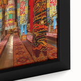 Extra large framed canvas featuring a textured, colorful depiction of a Tibetan landscape in vibrant hues.