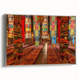 Framed canvas landscape art painting depicting a Tibetan mountain scene in colorful and black tones.