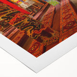 Art deco poster featuring a serene Tibetan landscape in muted blue and green tones on rolled canvas.