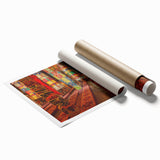 Large rolled print of a Tibetan landscape with vibrant floral foreground on muted mountainous backdrop.