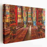 Large art depicting a serene Tibetan landscape in soft blue and green hues on stretched canvas.