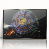 Mid-century modernist art depicting a serene Asian landscape in muted green and blue tones, framed in silver acrylic.