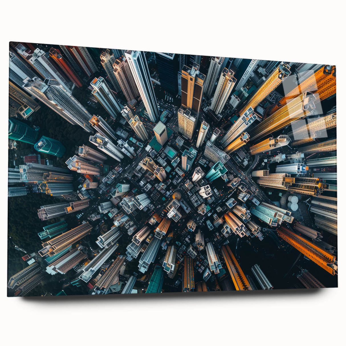 Acrylic print of a large abstract depiction of the Hong Kong skyline in muted blue and gray tones.