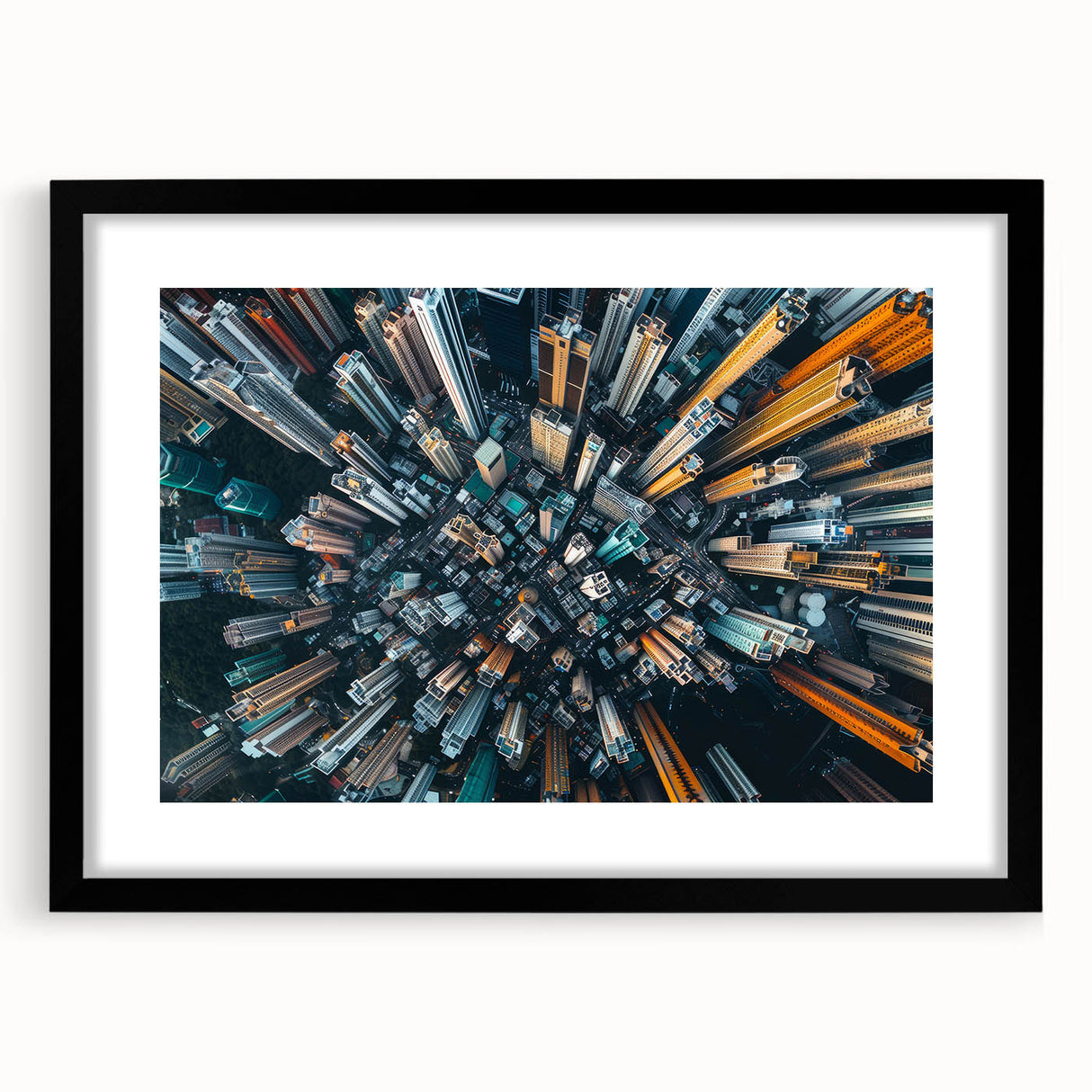 Extra large abstract art print of Hong Kong scenery in vibrant colors on a textured canvas, framed in black.