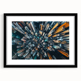 Extra large abstract art print of Hong Kong scenery in vibrant colors on a textured canvas, framed in black.