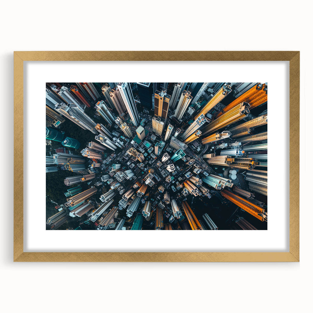 Extra large wall art featuring an abstract print of Hong Kong skyline in gold frame, with textured details.