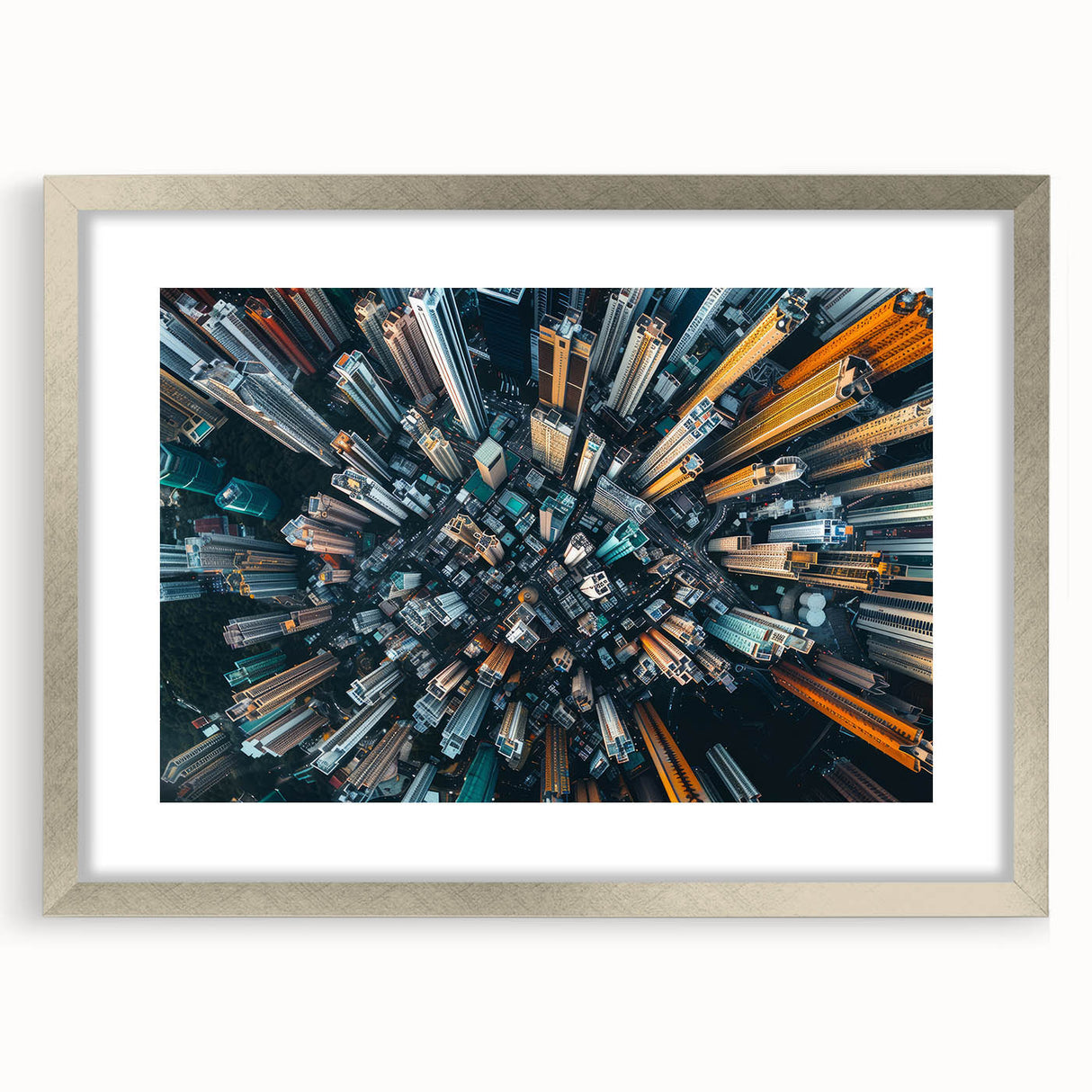 Textured art print of abstract Hong Kong skyline in muted gray and silver tones, framed with a mat.