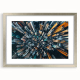 Textured art print of abstract Hong Kong skyline in muted gray and silver tones, framed with a mat.