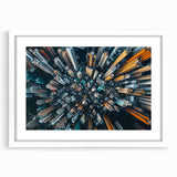 Abstract art print of Hong Kong skyline in muted gray and blue tones, framed with a white mat, ideal for dining room decor.