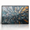 Large abstract wall art depicting the Hong Kong skyline in muted gray and blue tones, framed in black acrylic.