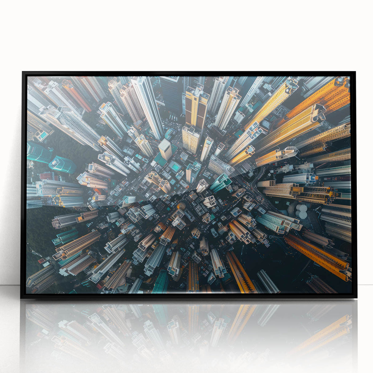 Large abstract wall art depicting the Hong Kong skyline in muted gray and blue tones, framed in black acrylic.