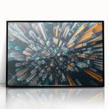 Large abstract wall art depicting the Hong Kong skyline in muted gray and blue tones, framed in black acrylic.