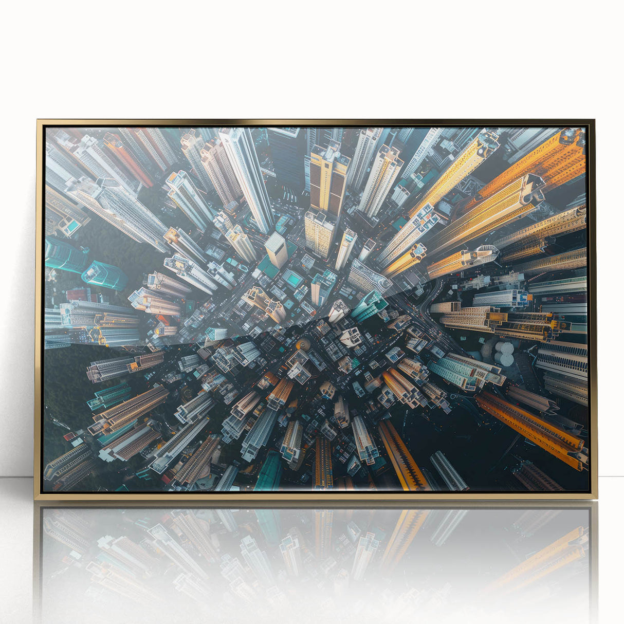 Framed acrylic print of Hong Kong skyline in gold tones, ideal for modern art wall decor.