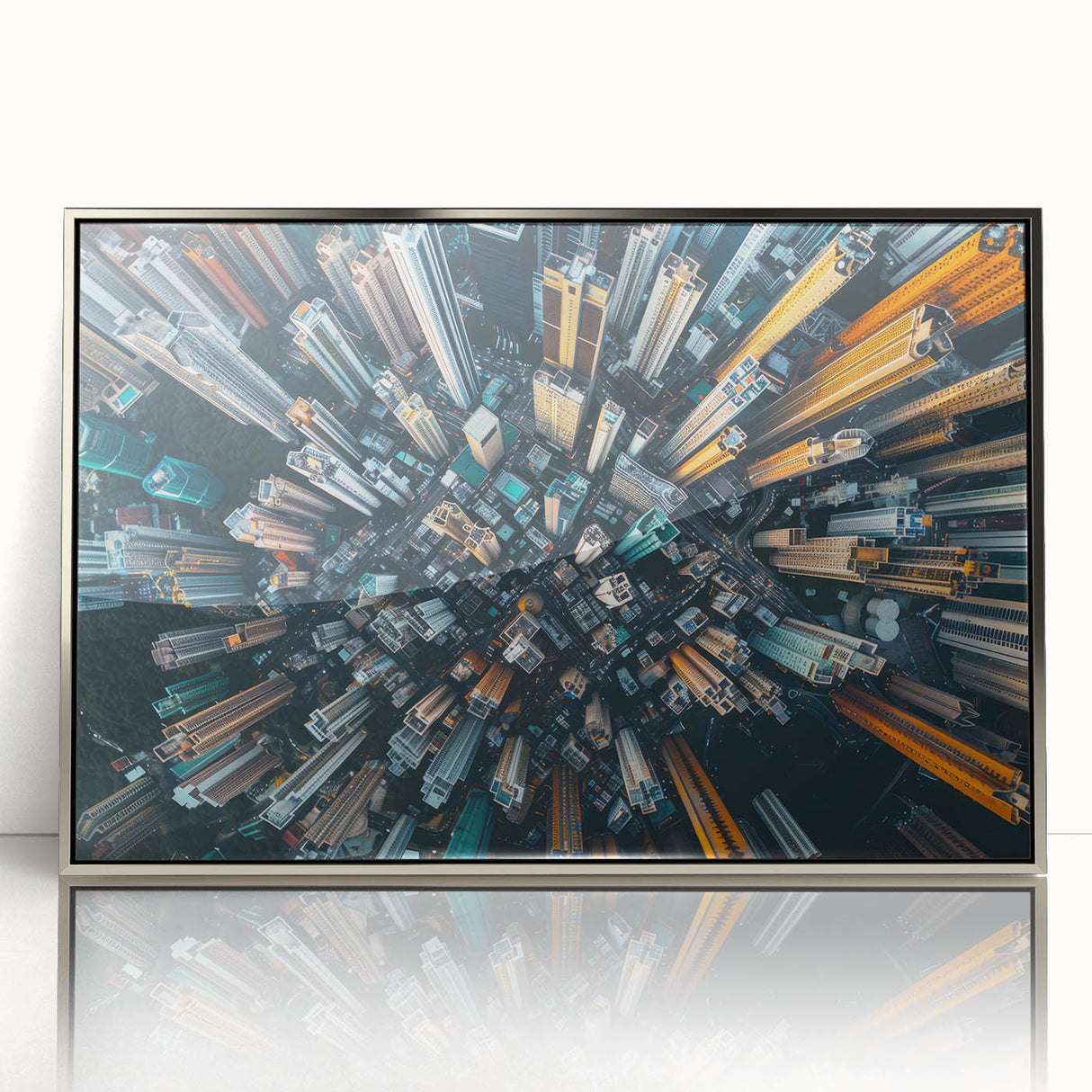 Mid-century modernist Hong Kong skyline in acrylic, with silver frame.