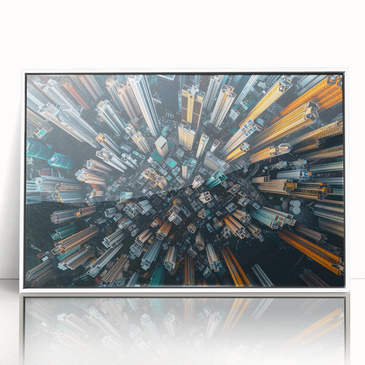 Framed acrylic print of Hong Kong skyline with pastel shades, in art deco style, suitable for modern art wall decor.